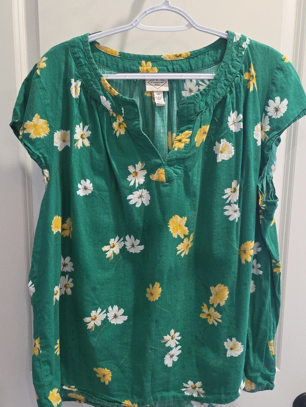 St. John's Bay Green Floral Split-Neck Top with Yellow & White Flowers